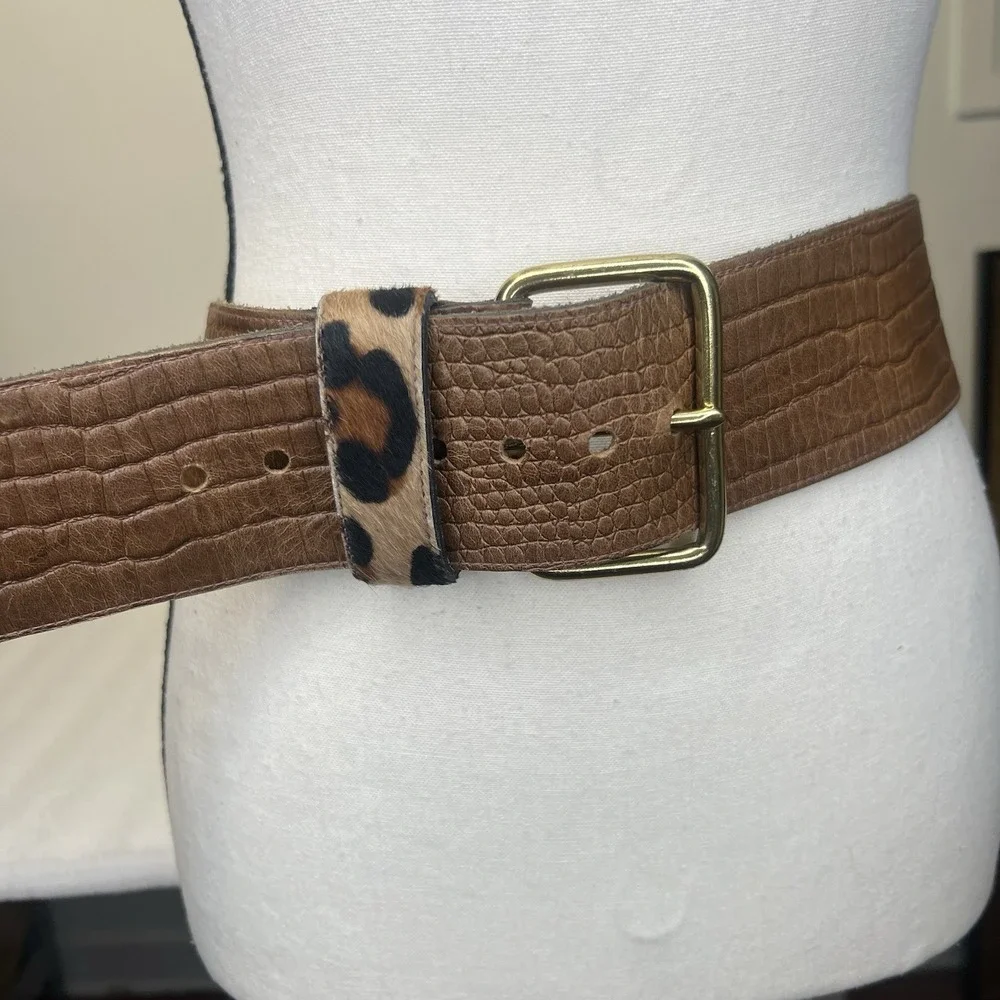 Vintage Ruza Croc Embossed Leather Wide Belt Leopard Strap Women 38